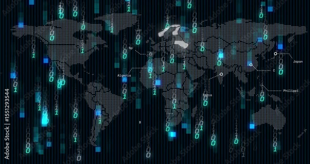 Fading in dotted world map with binary streams, highlighting countries to illustrate global data