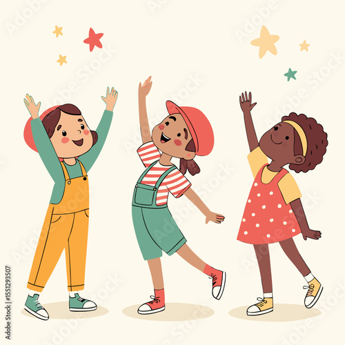 Diverse group of cheerful children reaching for whimsical celestial objects illustration