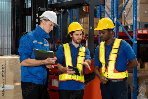 Foto Three male warehouse workers discussing logistics tasks using digital tablet and