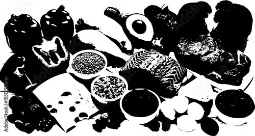 Keto diet concept. Healthy low carbs products. Ketogenic diet food. Vegetables, fish, meat, nuts, seeds, berries, cheese on a white background, top view