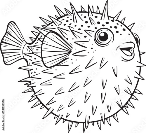 Blowfish or puffer fish, porcupine fish Vector Illustration, Sketch Drawing Line Linear Symbol Icon Engraving Coloring Book, Hand-drawn Black and White Isolated