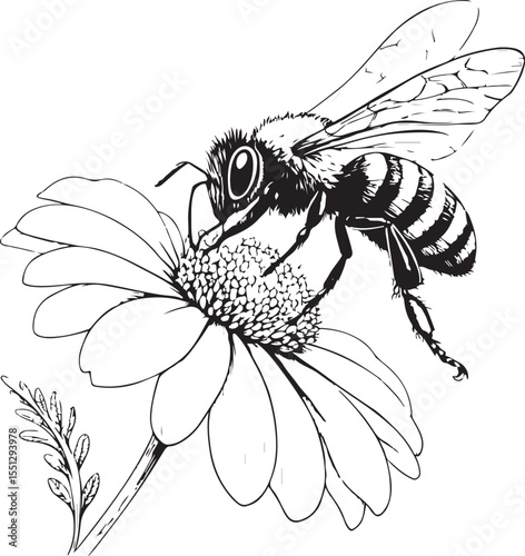 Bee with flower, Honeybee Pollinator and Pollination, Vector Illustration, Sketch Drawing Line Linear Symbol Icon Engraving Coloring Book, Hand-drawn Black and White Isolated