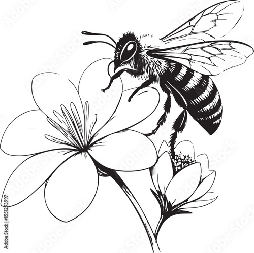 Bee with flower, Honeybee Pollinator and Pollination, Vector Illustration, Sketch Drawing Line Linear Symbol Icon Engraving Coloring Book, Hand-drawn Black and White Isolated
