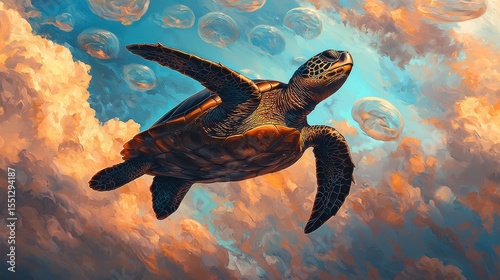 A majestic turtle gracefully swims through vibrant underwater scenery.