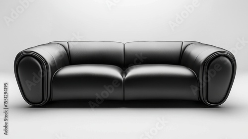 Modern black leather sofa with rounded edges placed against a minimalistic backdrop in a well-lit studio setting