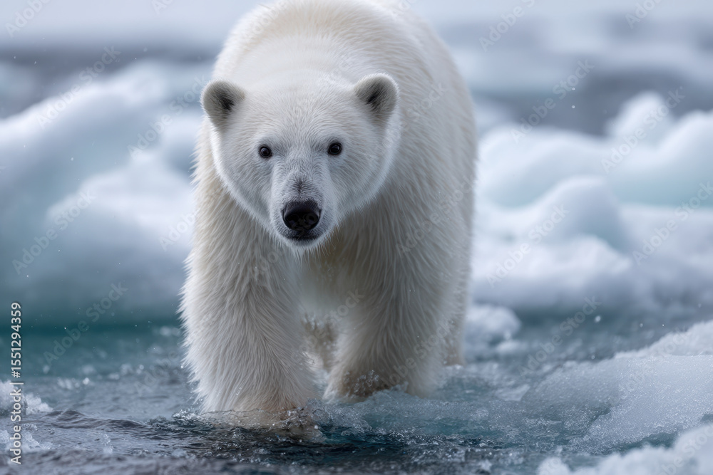 Fototapeta premium Polar bear walking on melting ice in the Arctic during a cloudy day
