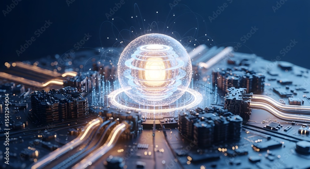 Fototapeta premium Glowing Sphere Hovering Above Complex Dark Circuit Board