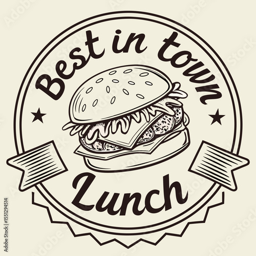 Classic burger emblem illustration, celebrating culinary excellence for lunchtime