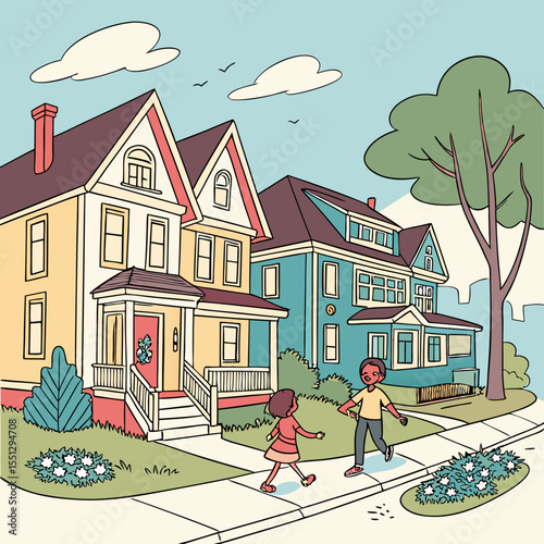 Neighborhood Charm: Children Playing on a Residential Street with Colorful Houses