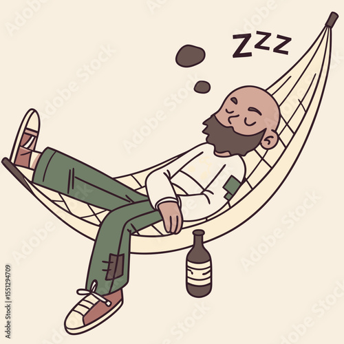 Serene slumber illustration of a man in hammock with bottle aside him