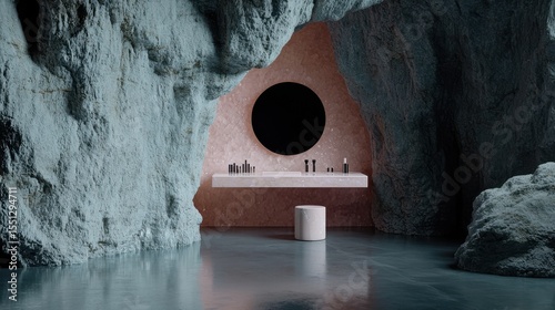 A modern bathroom design featuring minimalist elements in a cave-like setting.