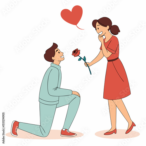 Romantic proposal illustration with kneeling man offering rose to surprised woman