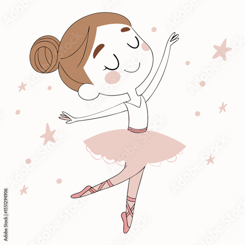 Charming cartoon illustration of a young ballerina gracefully dancing among stars