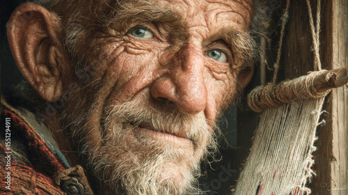 Elderly weaver merging traditional craft with holographic textile art.