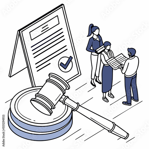 Isometric legal consultation scene depicting contract agreement and regulation review