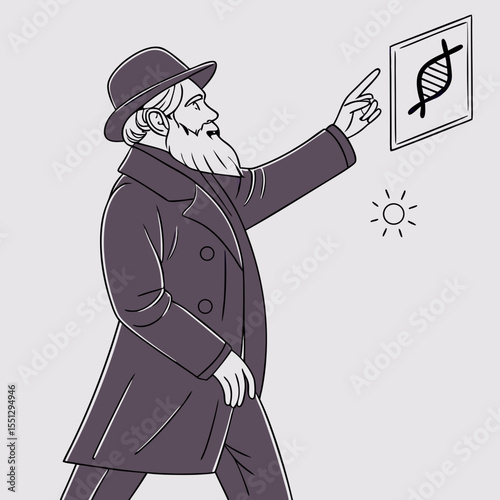 Conceptual illustration of an inventor pointing at a dna representation