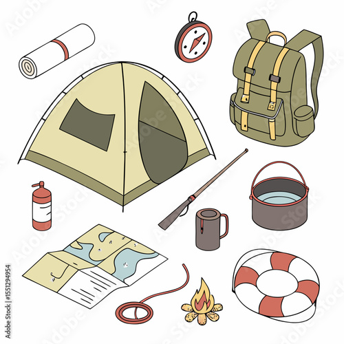Outdoors adventure equipment organized for safety and comfort journey drawing