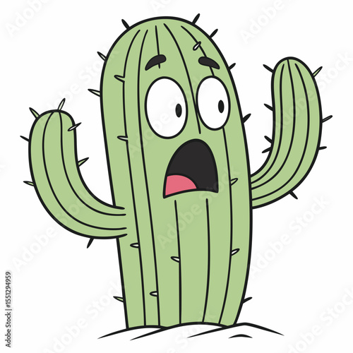 Cartoon cactus showing a surprised facial expression in a bright background