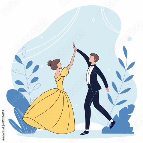 Ballroom bliss: A celebrating couple in elegant attire, artistic illustration