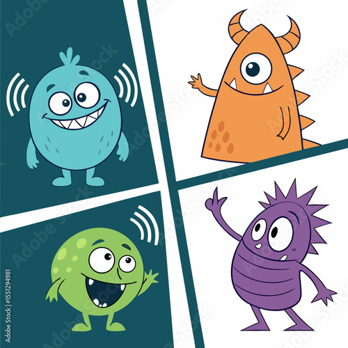 Whimsical quartet of friendly cartoon monsters expressing diverse emotions