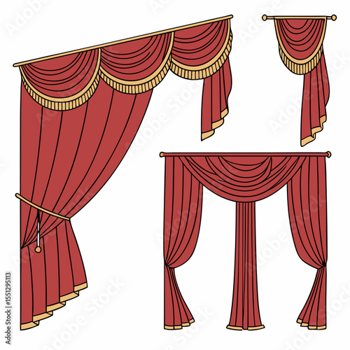 Crimson window drapery illustrations depicting elegant interior design elements