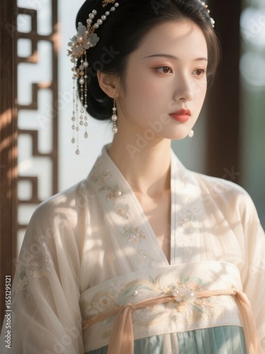 A person dressed in traditional attire with intricate embroidery and delicate accessories, standing indoors with soft lighting.