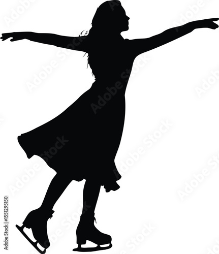 Silhouette of a female figure skater performing an elegant pose with outstretched arms and lifted leg on ice rink