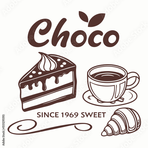 Elegant confectionery logo showcasing chocolate cake, coffee, and croissant illustration