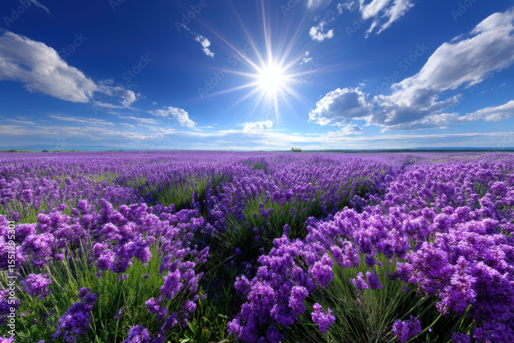 Obraz premium Vibrant lavender field under a bright sky during midday