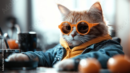 This whimsical image features a trendy cat donning stylish sunglasses and a warm jacket, seated confidently at a desk filled with everyday objects, exuding coolness.