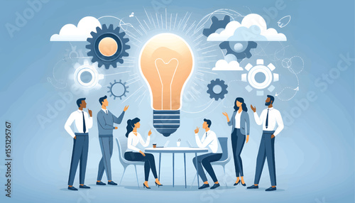 A group of professionals working together, discussing innovative ideas, surrounded by gears and clouds, symbolizing creativity and teamwork