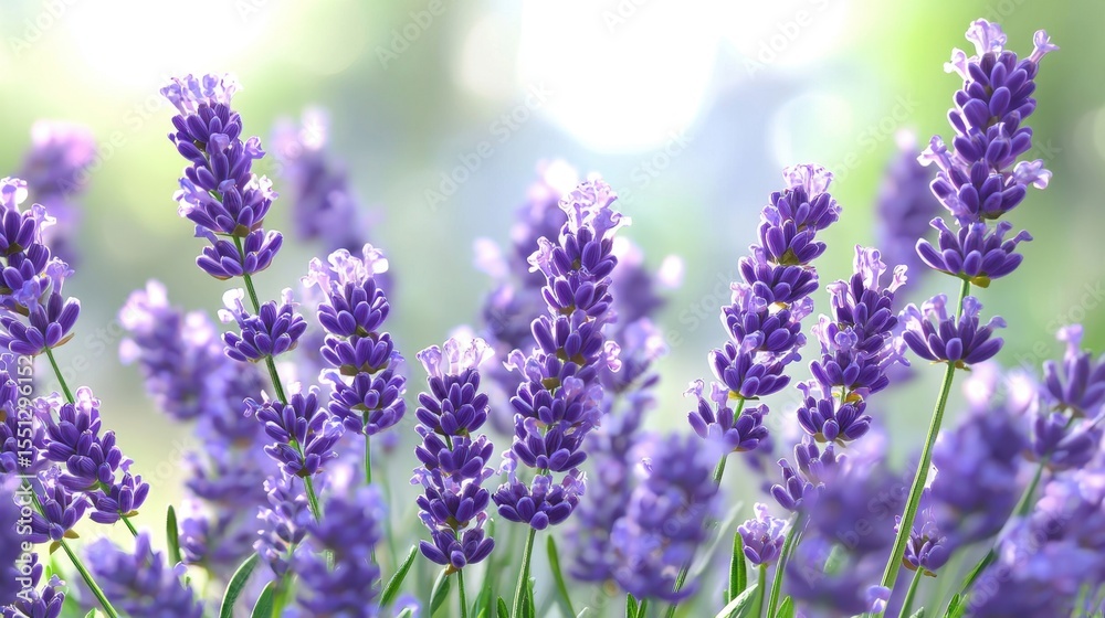Obraz premium Lavender blooms flourishing in a serene garden during early summer, showcasing vibrant purple colors and delicate petals