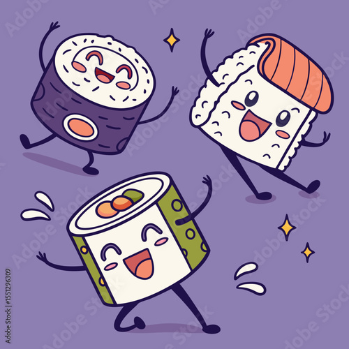Cheerful Sushi Characters Celebrating: A Fun and Appetizing Visual Feast