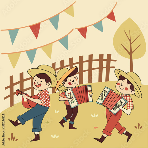 Festive rural gathering: Cartoon characters celebrate with music under string lights