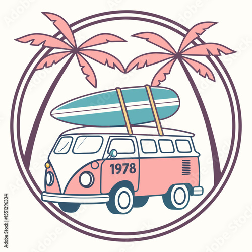 Vintage-Inspired Surf Van Illustration with Palm Trees for Summer Adventures