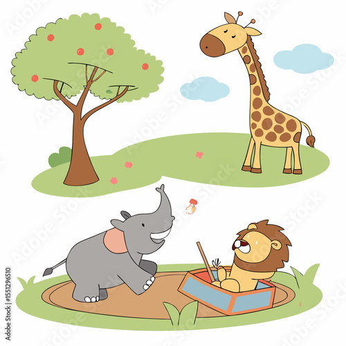 Cartoon animals enjoying a playful day under the tree in a wildlife environment