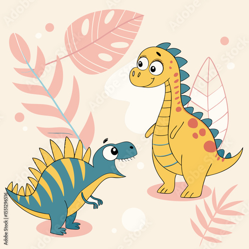 Whimsical prehistoric pair: Cartoon dinosaurs amid stylized foliage in gentle hues