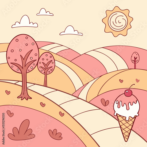 Whimsical landscape of pink and peach tones with a sweet treat adventure