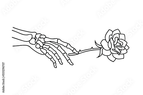 Skeleton Hand Offering Rose Black Line Art flower