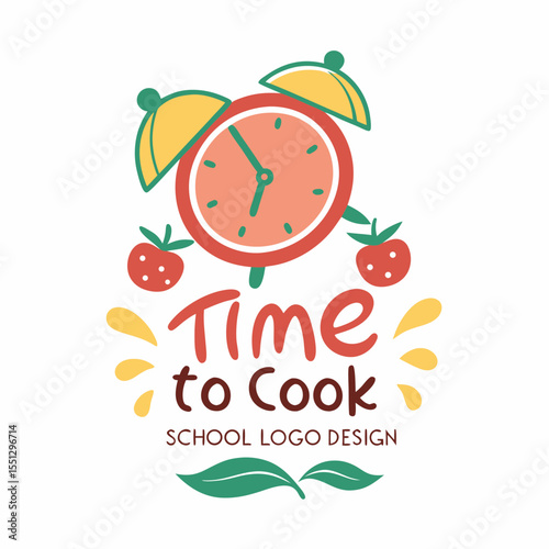 Whimsical cooking school logo design featuring a playful alarm clock illustration
