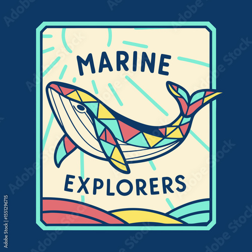 Stylized marine explorer emblem featuring a patterned whale design