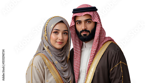 Arabian Man and Woman in Traditional Muslim Attire – Full-Height Vector Illustration of Islamic Family Couple
