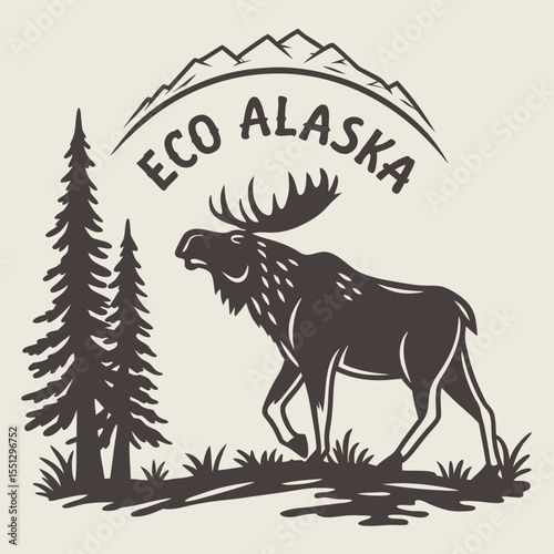 Rustic moose graphic illustration featuring Alaskan wilderness and environmental themes