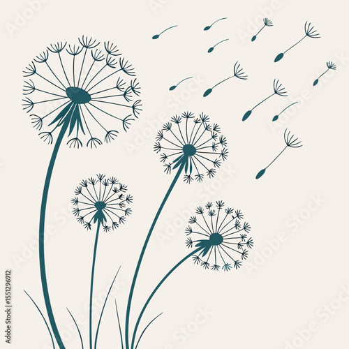 Stylized dandelion illustration with seeds drifting in the wind concept