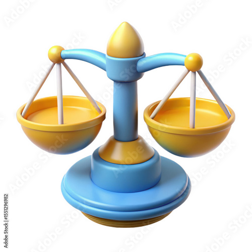 Stylized 3 D Render Blue Yellow Scales Balance isolated on a transparent background justice