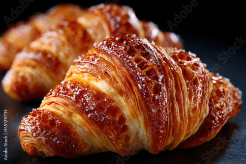 Freshly baked croissants glistening with buttery layers in a pastry shop display