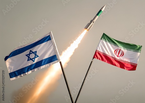 Missiles fired between the flags of Israel and Iran