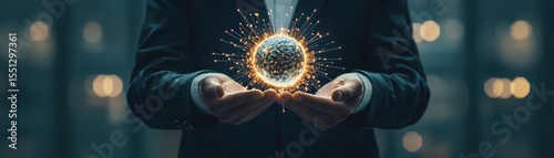 A person holding a glowing sphere representing innovation and creativity.
