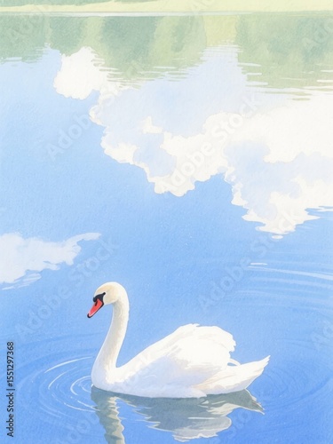 A serene white swan glides gracefully on a calm blue lake under a partly cloudy sky.
