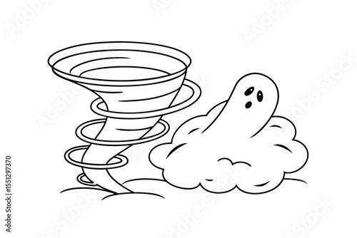 Black and White Line Art Tornado and Ghost Illustration